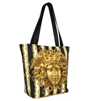 Чанта-тоут с хубав принтом във формата на главата на гръцката златна Медуза, Моющаяся холщовая чанта-купувач през рамо в стил барок с цветен модел