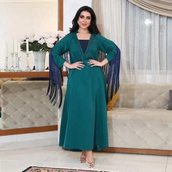 Мюсюлманската рокля с V-образно деколте и дълги ръкави, рокля Абайя с пискюли и диаманти, Арабски дамски дрехи в Дубай, Дълга рокля, Елегантно облекло за Близкия Изток