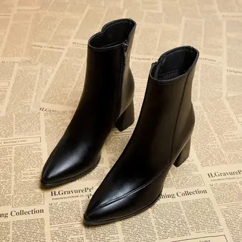 Дамски обувки Martin в Британския Стил, с Остри Пръсти и Цип отзад на Висок Дебел Ток за Есен-Зима Q463