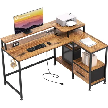 L-образна маса с чекмеджета и обезвъздушител, розетка, 51-инчов компютърен маса с поставка за принтер, 4-уровневыми рафтове за съхранение и куки