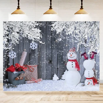 Фон за снимки Коледен Зимния, Снежен човек Подарък на дядо коледа Дървена декорация Плакат Коледна Празнична парти Банер Фон