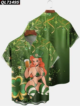 Ризи с Деня на Св. Патрик, Лятна Хавайска риза, Мъжки блузи с високо качество, Секси дрехи за Ирландски фестивал за красота с анимационни герои