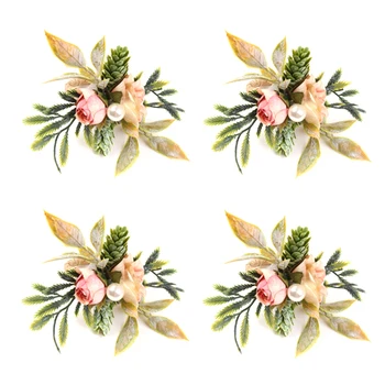 Пръстени за салфетки с двойни рози Комплект от 4 пръстени за салфетки с розови цветя, плодове и зелени листа, поставки за пръстени за салфетки ръчно изработени
