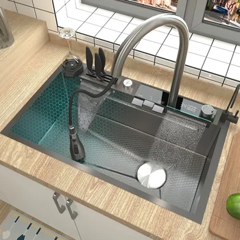 Мивка с двойно водопад Кухненска мивка от неръждаема стомана с цифров дисплей и релефни, однощелевая богат на функции мивка за кухня