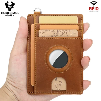 От телешка кожа, с 8 слота, тънък RFID-блокиране на Притежателя за кредитни ID-карти, портфейл с притежателя на AirTag За мъже и жени, Ежедневна чанта за пари в предния джоб
