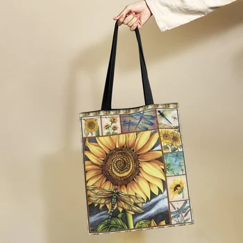 Yikeluo 3D Слънчоглед, ръчно рисувани, чанта с флорални принтом, конче, по-Голямата голям дългогодишна пазарска чанта, дамска чанта