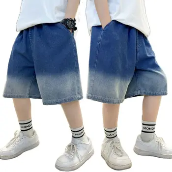 Летни дънкови шорти за момчета, ежедневни дънкови панталони с равен брой гласове-боя за деца, къси дънки с еластична гумена лента на талията, детски шорти-тийнейджъри, панталони