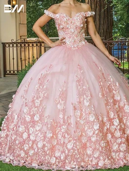 Пищни рокля с 3D Цветен аппликацией 2023, Расшитое мъниста, дантела Отзад, Тюлевое Вечерна Рокля в стил Сладък Vestidos De 15 Quinceañera