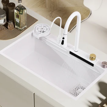 Бялата Кухненска мивка от неръждаема стомана 304 с водопадным кран, Единична купа, Отгоре планина за работна станция с аксесоари