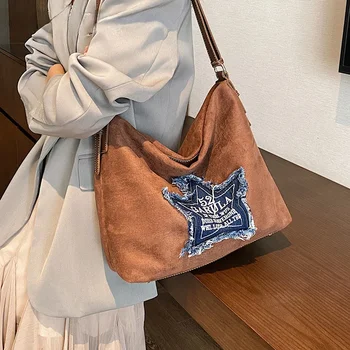 Velvet дизайн с шарките на голяма звезда, Корейската мода дамска кожена чанта през рамо, дамски чанти 2024, зимна чанта-тоут голям капацитет