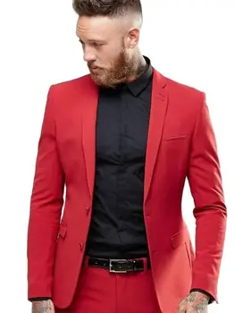Направен по поръчка Червени мъжки костюми на 2 Копчета Смокинг на Младоженеца на Сватбената Мъжки дрехи, За да си официална вечеря Костюм Кума Блейзър Панталони (Яке + Панталон + Вратовръзка)