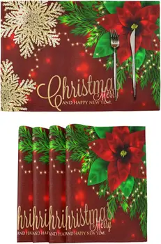 Коледни Салфетки Комплект от 4 Червени Настолни Постелки Poinsettia Весела Snowflake Placemat Топлоустойчива Подложка Зимна Коледна Мат 12x18 инча
