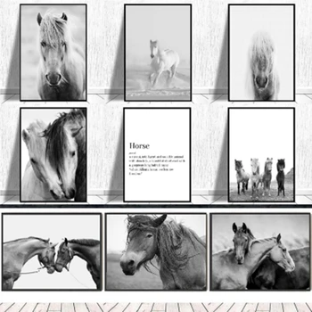 Черно-бял плакат с глава на кон, художествена живопис, Снимки на животни, коне, щампи върху платно, Стенни картина в дома на стаята, модерен интериор