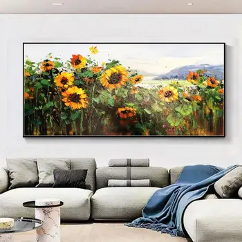 Голяма снимка с маслени бои от гледката жълт слънчоглед ръчна изработка, боядисване с цветна подсолнухом, модерна текстурирани флорални картини, монтиран на стената арт декор