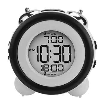 Цифров часовник с аларма, показване на време и дата, двоен звънец, много силен за здраво спящи, двоен будилник със синя подсветка за тийнейджъри