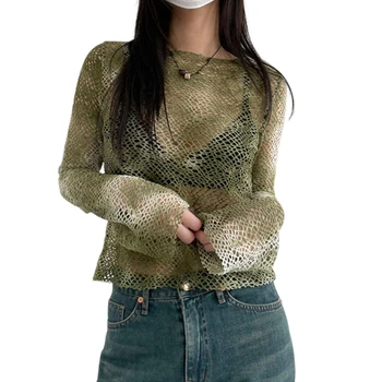 Дамски прозрачна мрежа риза, вязаный топ с дълги ръкави, открити възли блузи на една кука