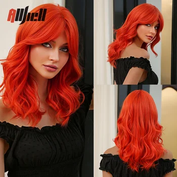 Cosplay на Хелоуин са Оранжево-червени перуки, дълги до рамото, къдрави перуки с бретон, термоустойчиви синтетични перуки за черни жени афро