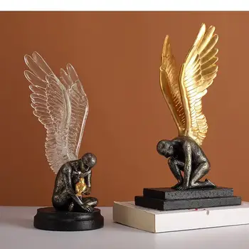 Креативна фигурка от смола статуята на ангела Златни крила Имитация на златна птица скулптура Ръчно изработени Аксесоари за декорация на дома