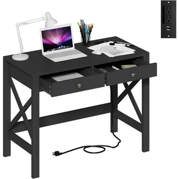 Компютърно бюро с USB порта за зареждане и контакти, 39-инчов черна маса с чекмеджета