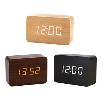 Digital alarm clock, Wooden Електрически часовници с по-голям дисплей за спални Дървени Електрически часовници с led подсветка и управление на звука стоки за дома