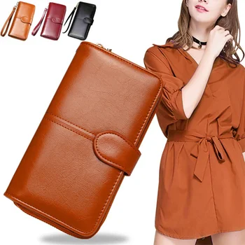 Жена кожена кесия, дълъг портфейл, чанта за телефонни карти, клатч, Многофункционална чанта за мобилен телефон с цип голям капацитет