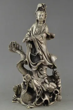 Колекция от стария китай мяо сребърен дракон с дърворезба гуаньинь статуя на буда бодхисатва орнаменти от метал за ръчна работа