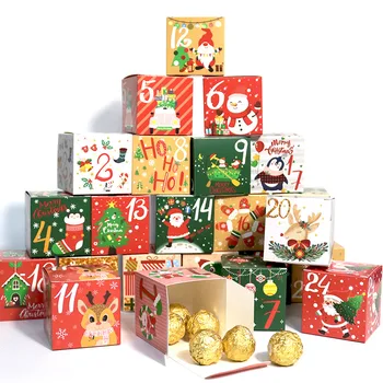 24ШТ Коледен Адвент-календар Подарък кутия за Коледни Бонбони Кутия за бисквити опаковъчна хартия от крафт-хартия и Щастлива Нова година