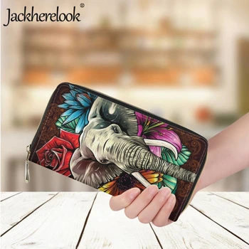 Jackherelook Женски дълъг кожен портфейл с принтом под формата на слон В полинезийски стил, Бизнес портфейл за кредитни карти, Женствена чанта за пари