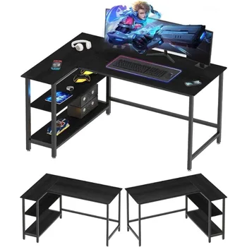 Компютърна маса WOODYNLUX L-образна форма - маса за домашен офис с рафт, игри на маса, ъглово бюро за работа, писане и учене, спестяващ пространство