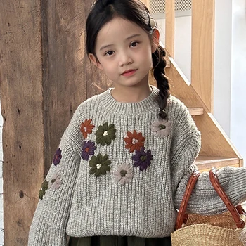 Пролетен пуловер с бродерия на ръчен труд за средни и малки момичета, дебели вязаный пуловер в лениво стил с фин цвете, модерен, Елегантен топ