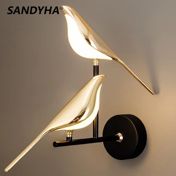 SANDYHA Nordic Art Креативен дизайн във формата на свраките, монтиран на стената лампа, модерна настолна лампа с птици за спални, хол, led осветителни тела за украса