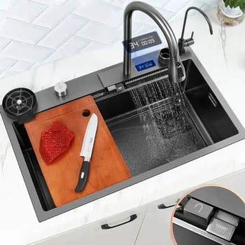 Кухненска мивка с дигитален дисплей от неръждаема стомана 304 с горната стена, голям однощелевой мивка с мулти-сензорен водопадным кран