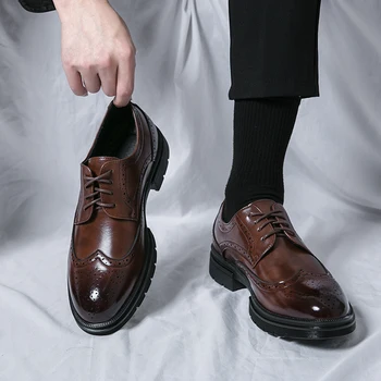 Мъжки оксфордские обувки с дебела подметка с остри пръсти от черна кожа, Мъжки официални кожени обувки с перфорации тип 