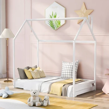 Дървено легло Twin Size House Bed сив цвят с модерен и стилен дизайн, идеален за комфортна и забавна детска спалня