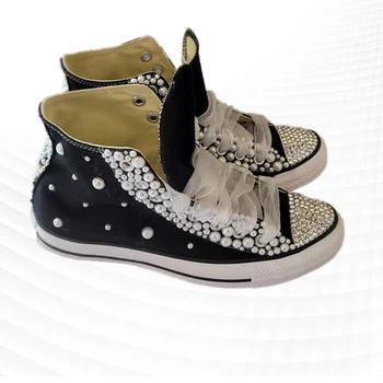 Черни Маратонки с висока лента, Парусиновая обувки с кристали, Удобни обувки за ходене, Вулканизированная обувки с Кристали ръчно изработени, 35-46