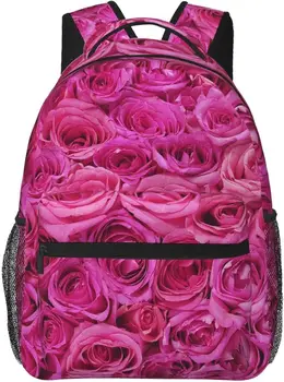 Ярко розови рози, стилни ежедневни раница, чанта, раници за лаптоп с много джобове, компютърна раница за работа, бизнес пътуване.