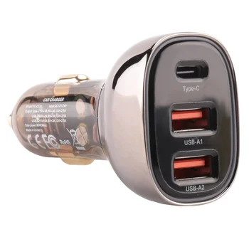 Прозрачно зарядно за кола, запалки, 3 USB адаптер, зарядно устройство за мобилен телефон Qc 3.0 с постепенното led подсветка (прозрачен чай черен цвят)