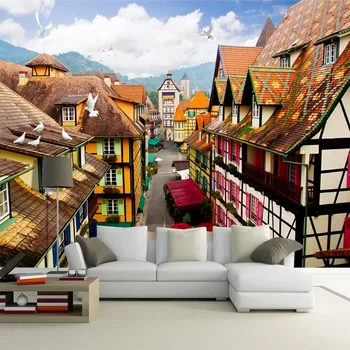 Тапети Размер на Европейското Изграждане на Малък Град на 3D Снимка за Фон Кабинет Ресторант, Кафе Бар Декор на Стени Стенни Рисувани на Хартия