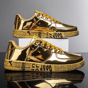 Мъжки обувки, Модерни Обувки от лачена кожа, блузи, Златни, Сребърни Обувки в стил хип-хоп, Лъскава Марка Дизайнерски обувки с подсветка, Размер 46 на плоска подметка