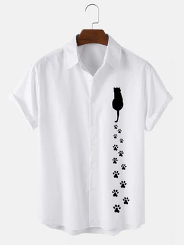 Мъжка риза с принтом Котешки следи С къс ръкав, Хавайски мъжки топ с ревери, Новост 2024 година, Ежедневни мъжки риза Голям размер