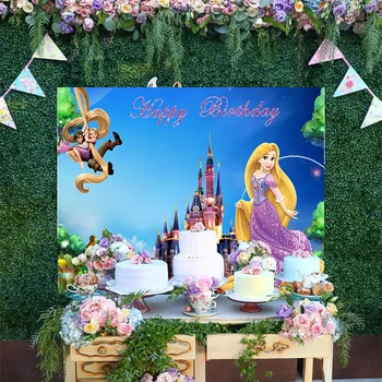 Disney Tangled Рапунцел Приказен замък Мультяшная Жълта Длинноволосая принцеса Baby честит рожден Ден на Фона Декоративен фон за парти