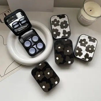 Подарък контейнер за лещи с огледално цвете, женска серия Black, калъф за контактни лещи, пластмасови калъфи за очила, калъф за очила в корейски стил