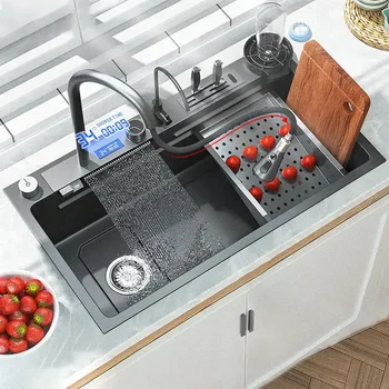 Кухненска мивка с водопад от неръждаема стомана 304, дигитален дисплей, Голяма мивка за измиване на съдове с мулти-сензорен водопад
