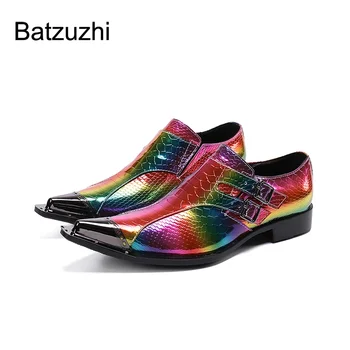 Batzuzhi/ Луксозни Мъжки обувки, Ръчно изработени, Дизайнерски кожени модела обувки в цвят Рок, Мъжки вечерни и булчински обувки с остър железен пръсти!