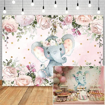 Фон за душ със слон, разкриващ пол, Сладки животни, цветя фотофоны, фон за снимки на рождения Ден на слон за момичета