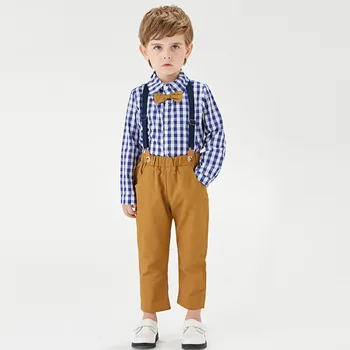 Костюми за момчетата, модни клетчатая риза с дълги ръкави, носи вратовръзка, панталон на подтяжках, детски костюм от две части